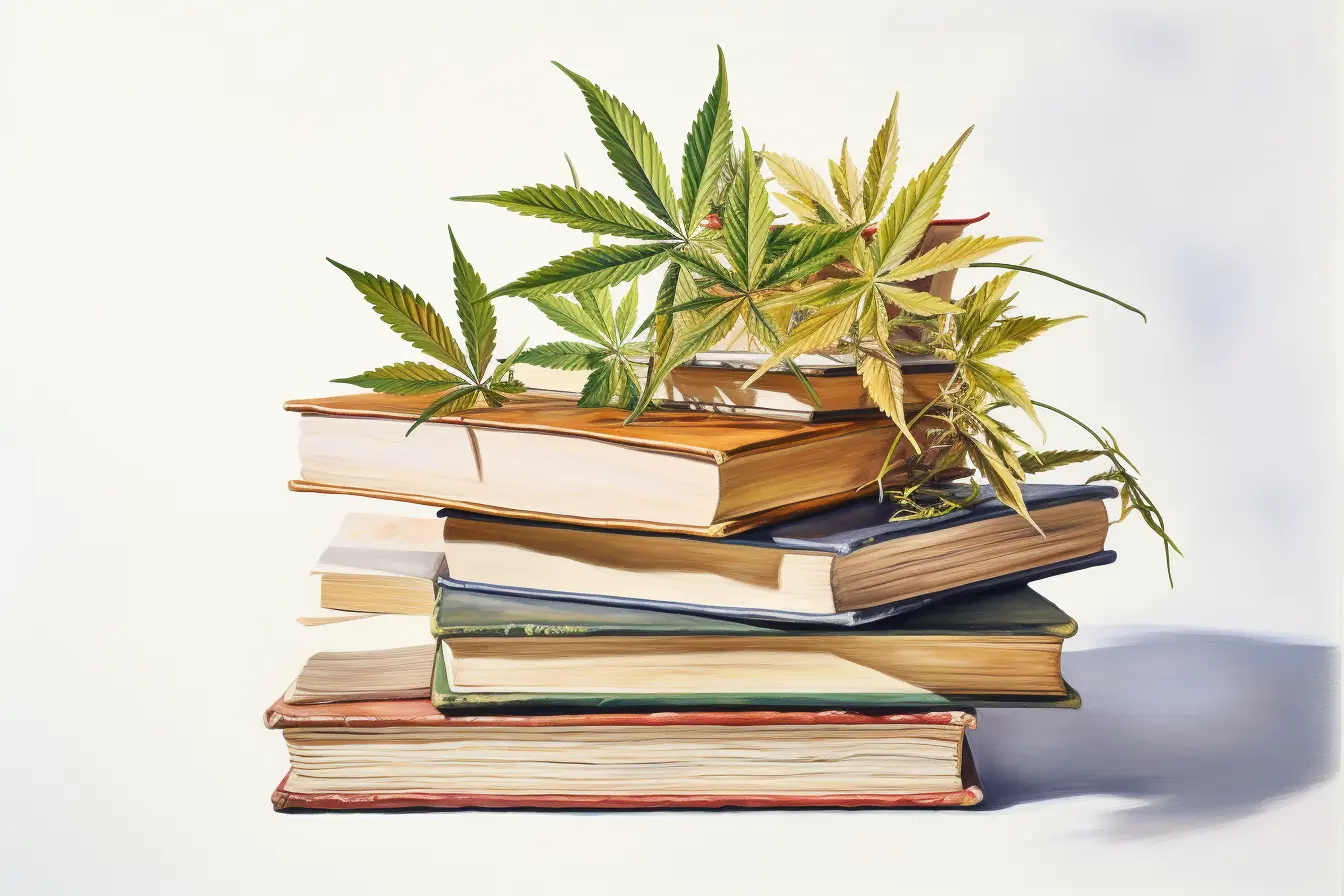 Bunte Bücher, die mit Cannabis geschmückt sind, machen das Lesen spannend. Die Pflanze hat viele Namen, unter denen sie bekannt ist.